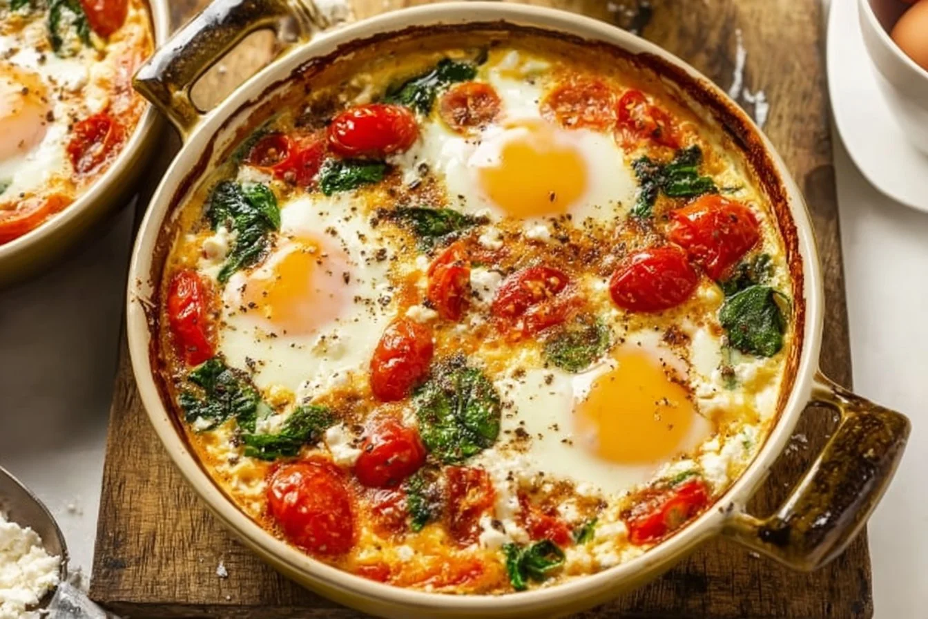 Baked Feta Eggs with Tomatoes and Spinach