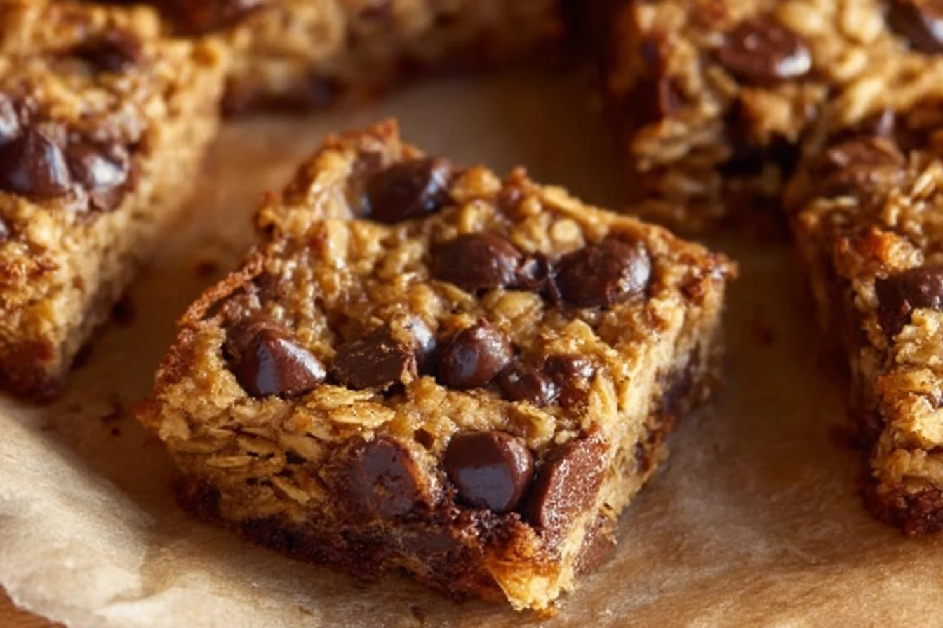 Homemade banana oatmeal bars stacked on a plate with fresh bananas
