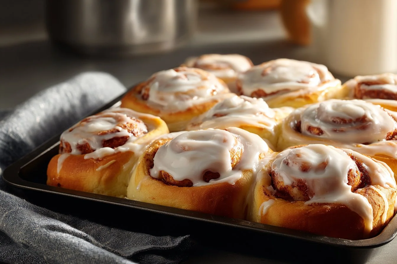 Delicious homemade cinnamon rolls topped with cream cheese frosting