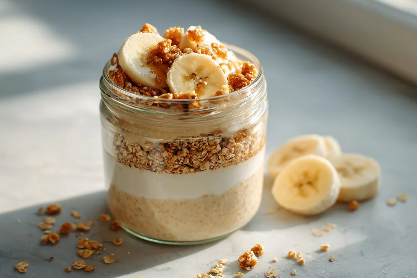 Delicious bowl of brown sugar overnight oats topped with fresh fruit and nuts