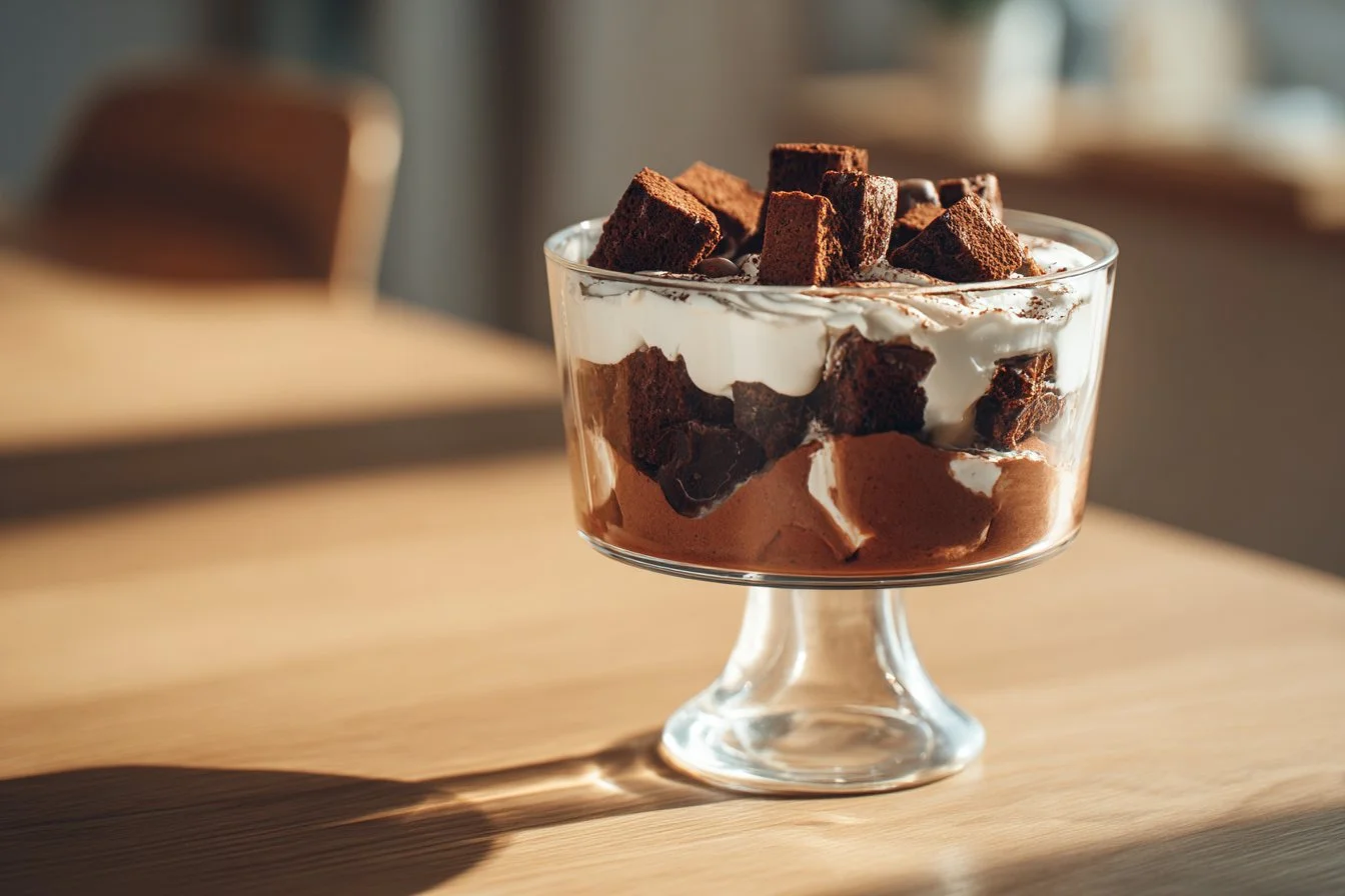 Delicious brownie trifle with layers of brownies, whipped cream, and chocolate sauce
