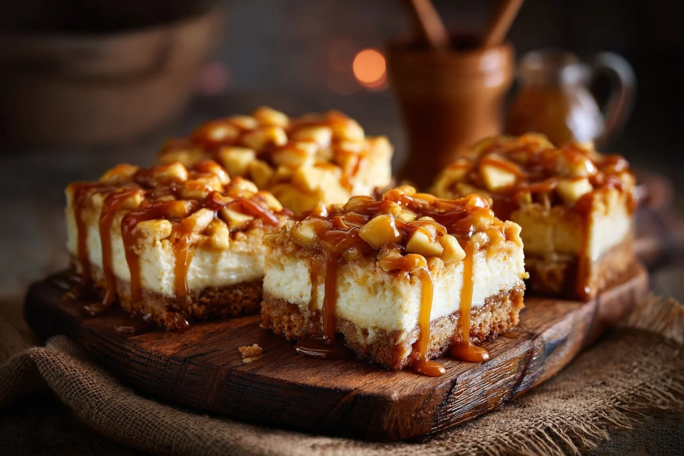 Caramel apple cheesecake bars topped with caramel sauce and apple slices.