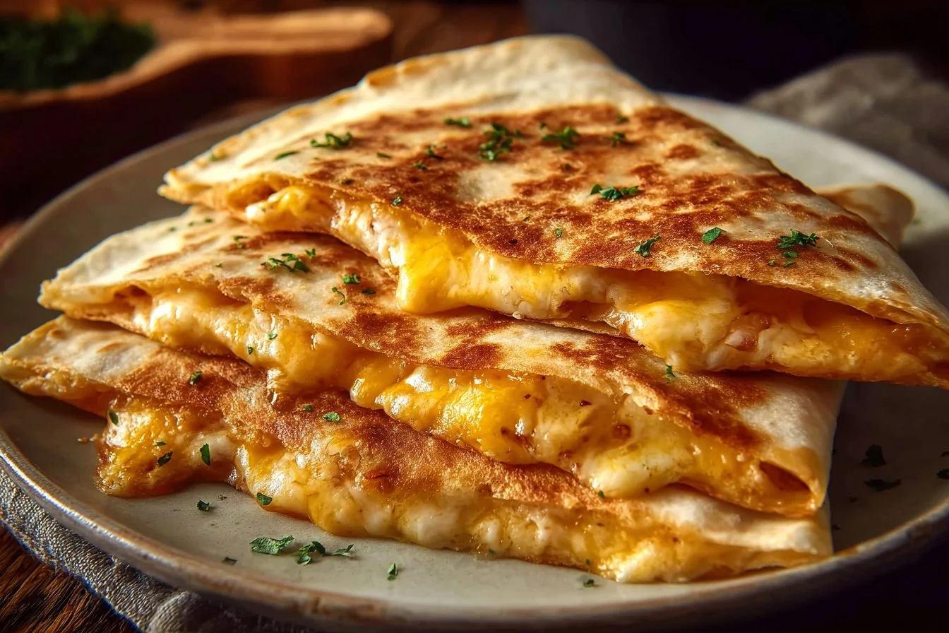 Delicious cheddar egg quesadilla served on a plate with fresh herbs