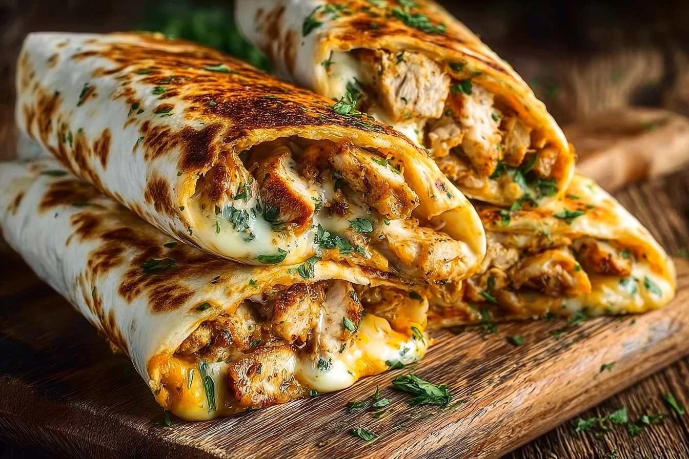 Cheesy Garlic Chicken Wraps served with fresh vegetables on a plate