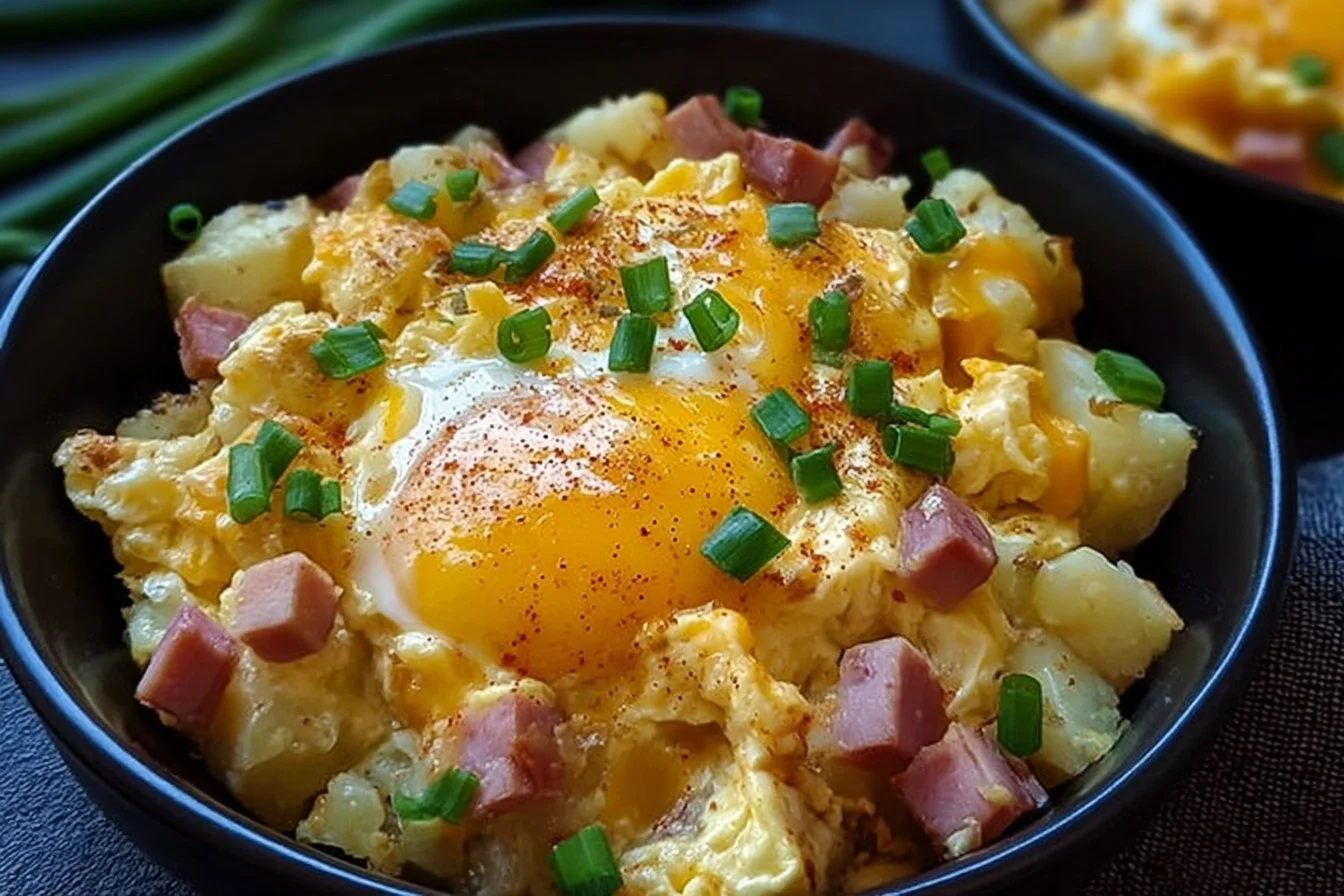 Cheesy potato egg scramble served on a plate garnished with herbs.