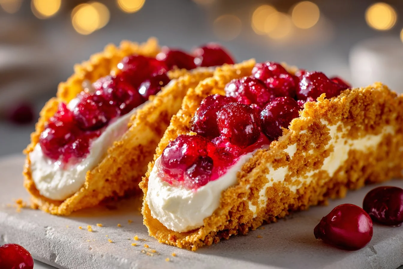 Delicious cherry cheesecake tacos served on a plate with cherry toppings