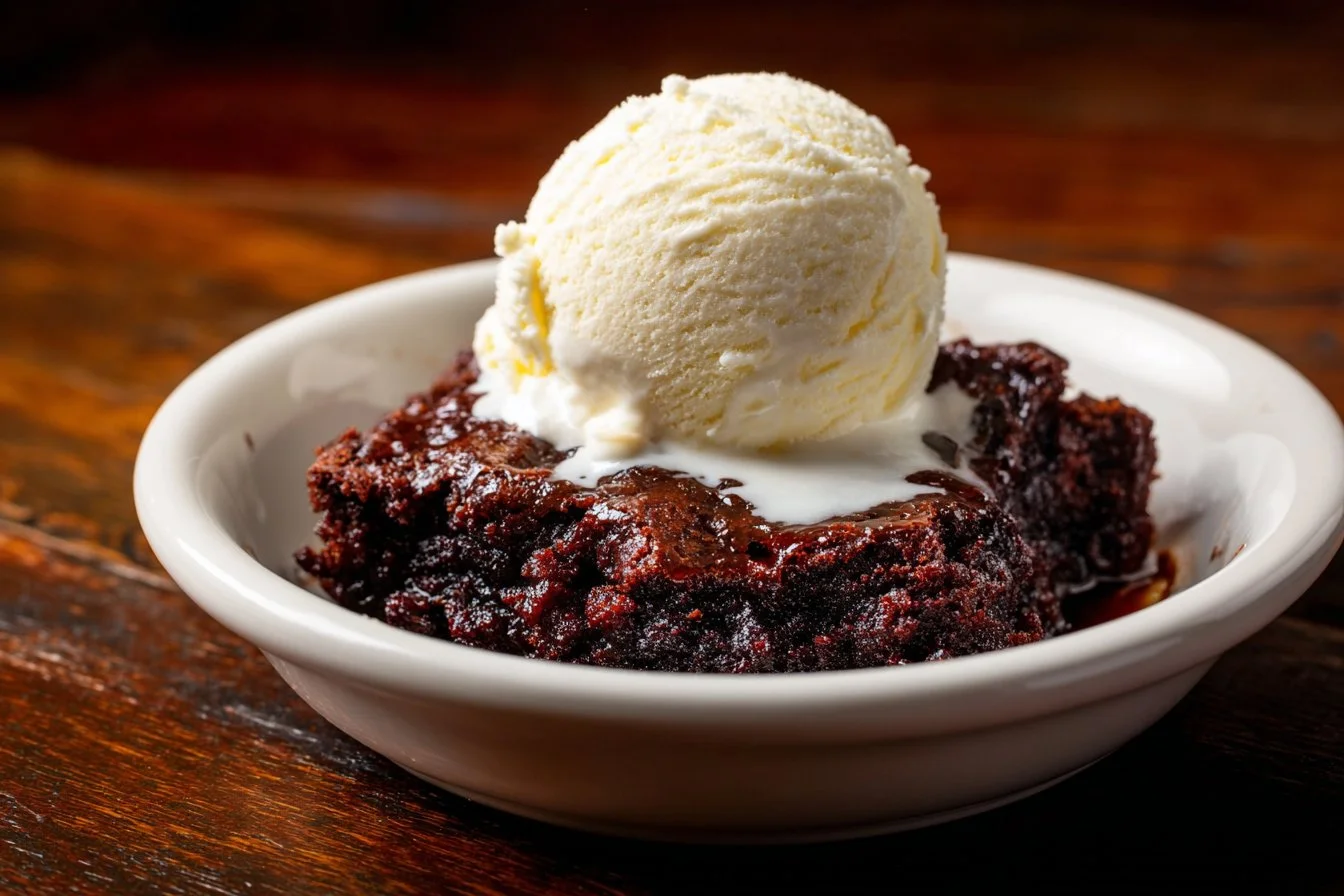 Delicious Chocolate Cobbler served in a bowl with a scoop of ice cream