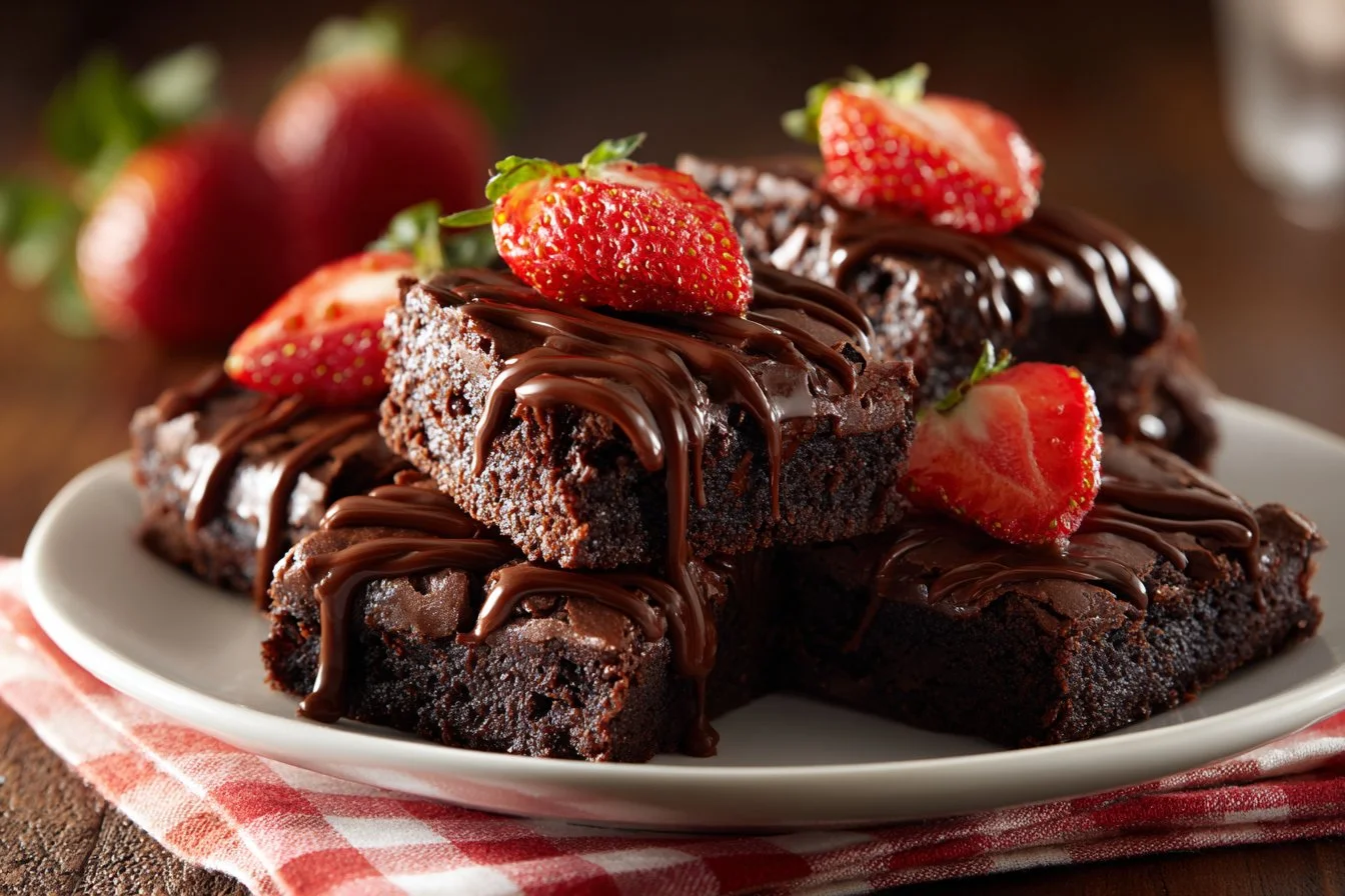 Delicious chocolate covered strawberry brownies on a white plate