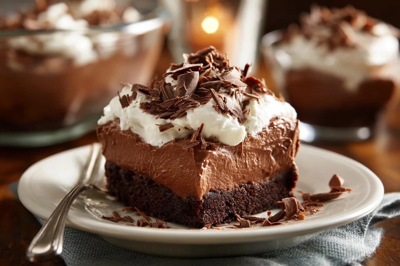 Decadent Chocolate French Silk Brownies served on a plate topped with chocolate shavings.