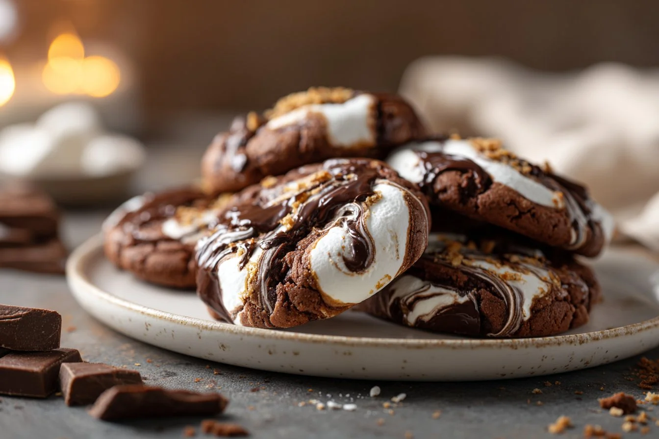 Freshly baked Chocolate Marshmallow Swirl Cookies on a cooling rack