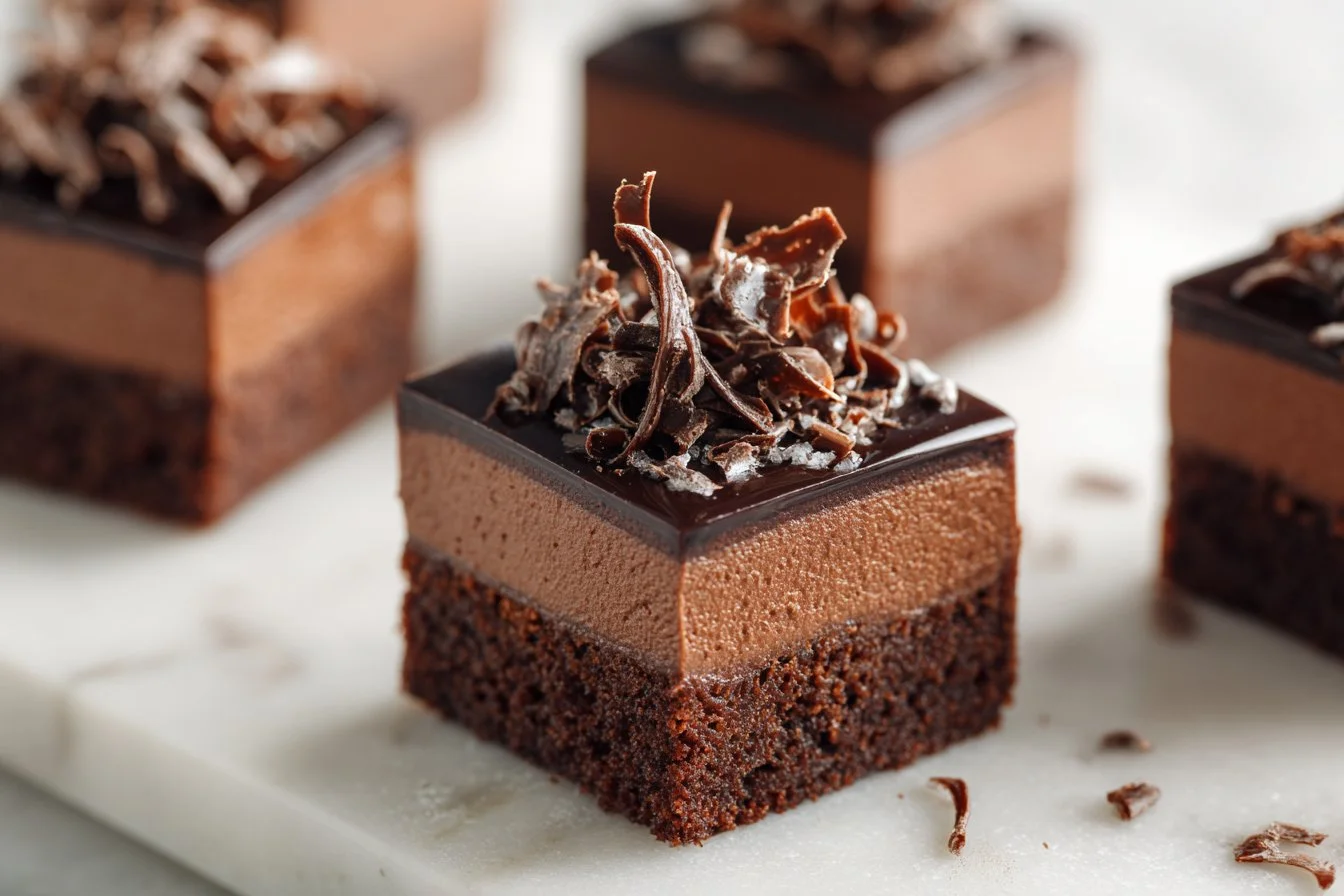 Delicious Chocolate Mousse Brownies topped with rich chocolate mousse and garnished.