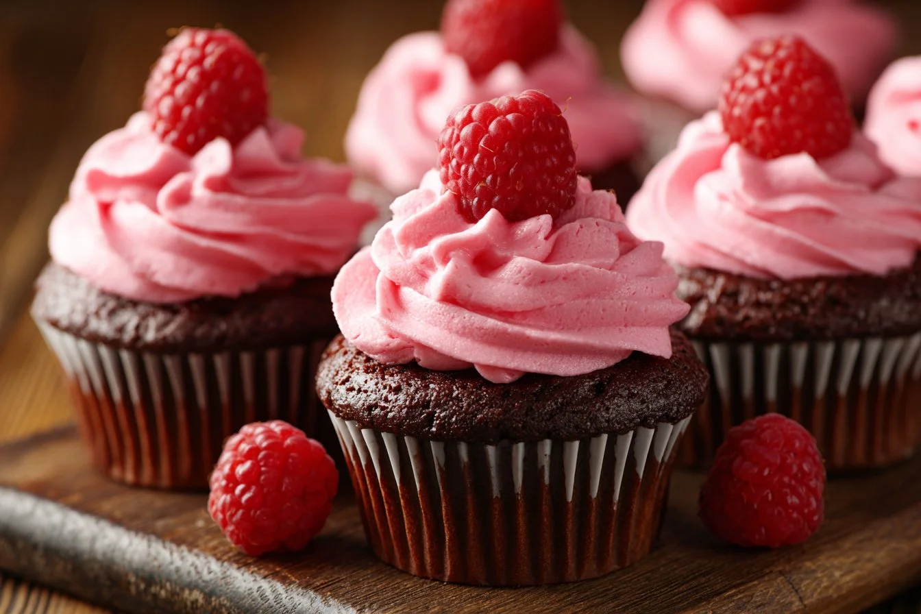 Decadent chocolate raspberry cupcakes topped with fresh raspberries.