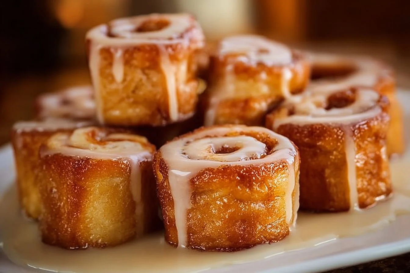 Delicious cinnamon roll French toast bites topped with syrup and icing.