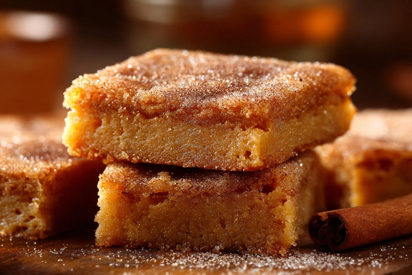 Freshly baked Cinnamon Sugar Blondies cut into squares on a plate