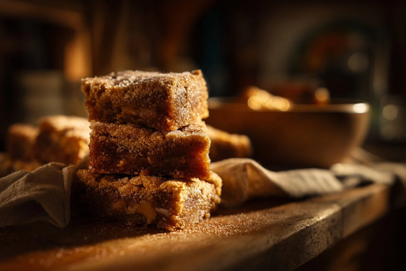 Freshly baked cinnamon sugar blondies with a golden brown top and sprinkled sugar
