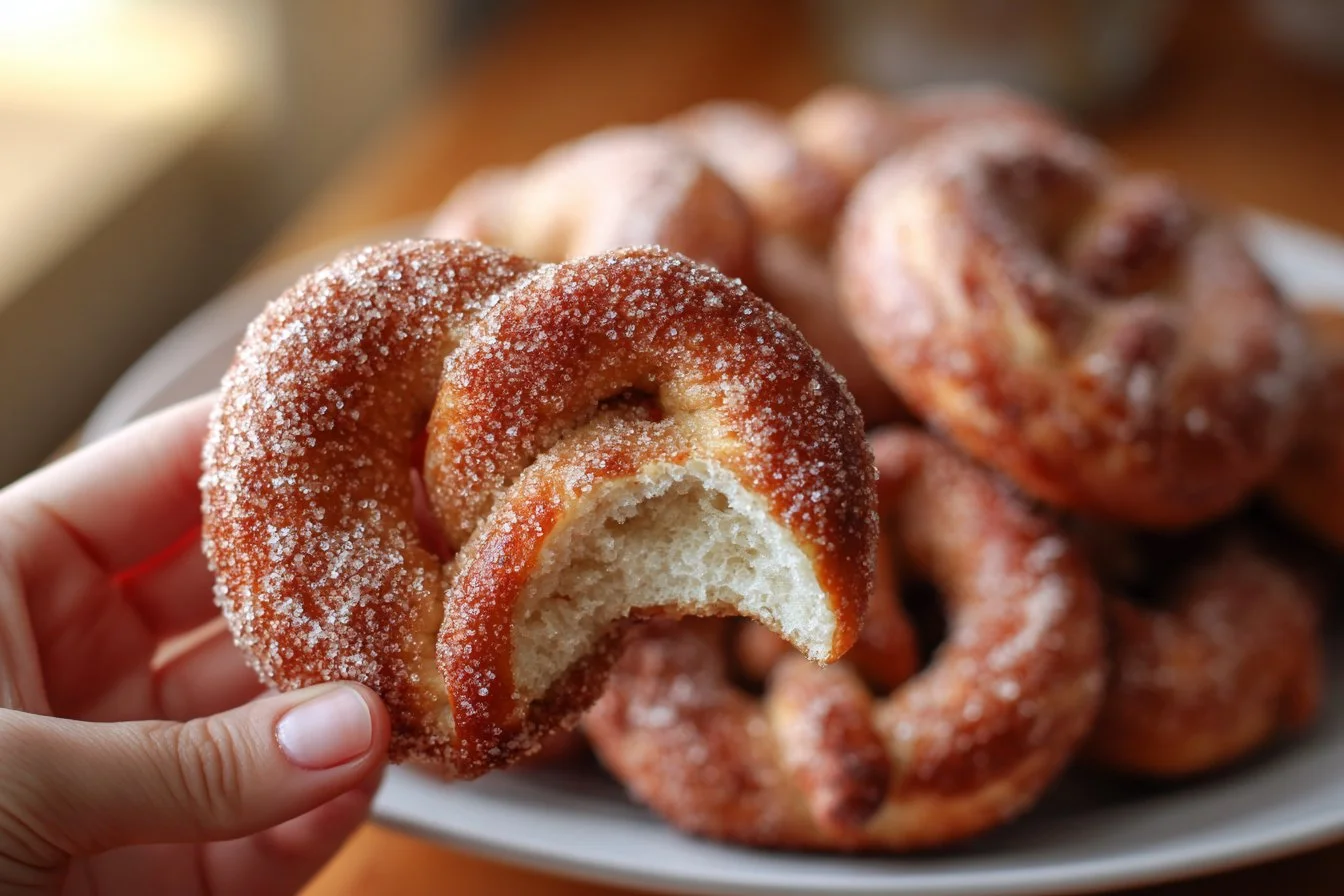 Freshly baked cinnamon sugar soft pretzels sprinkled with cinnamon and sugar