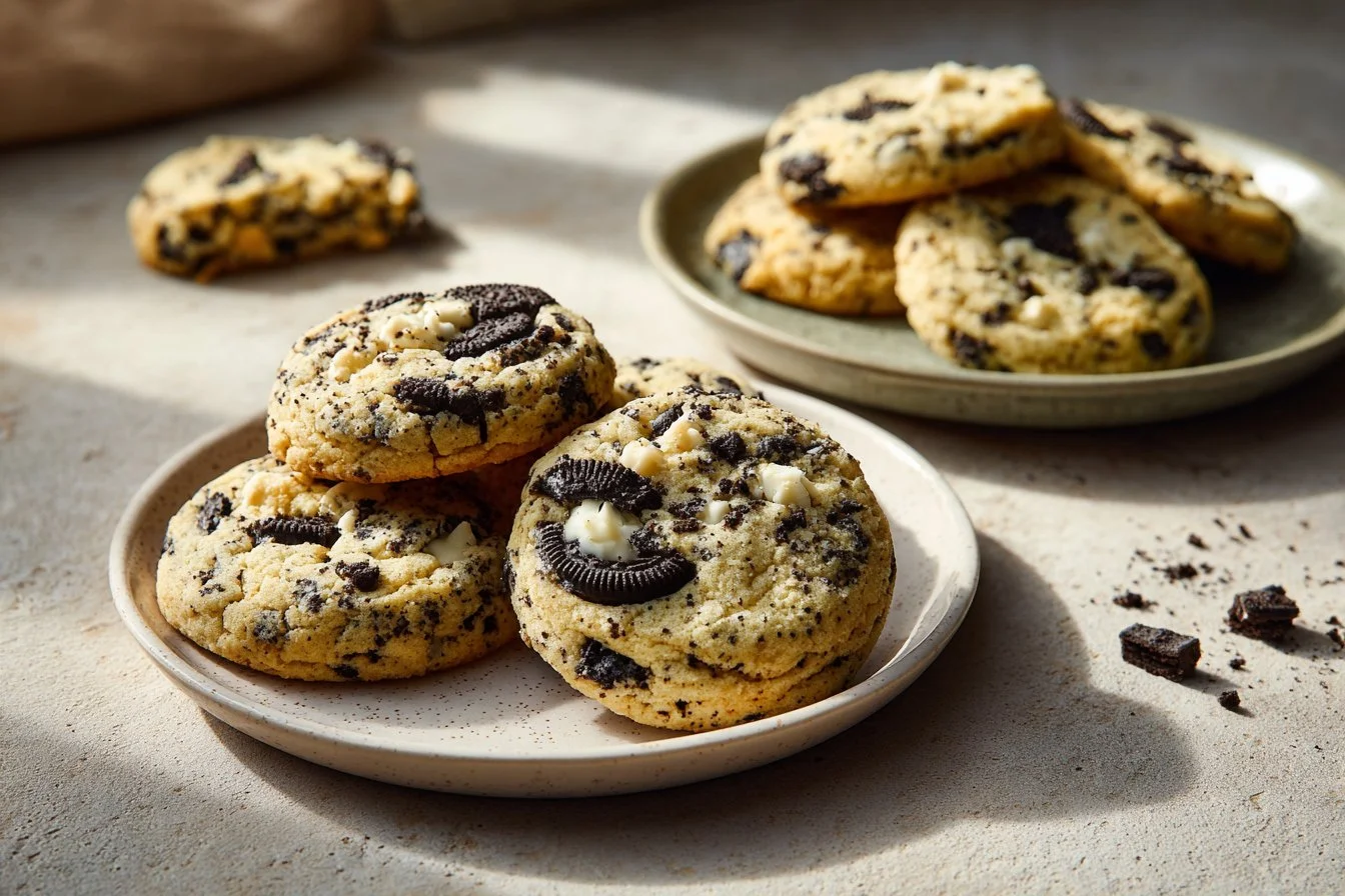 Freshly baked Cookies and Cream Cookies on a cooling rack