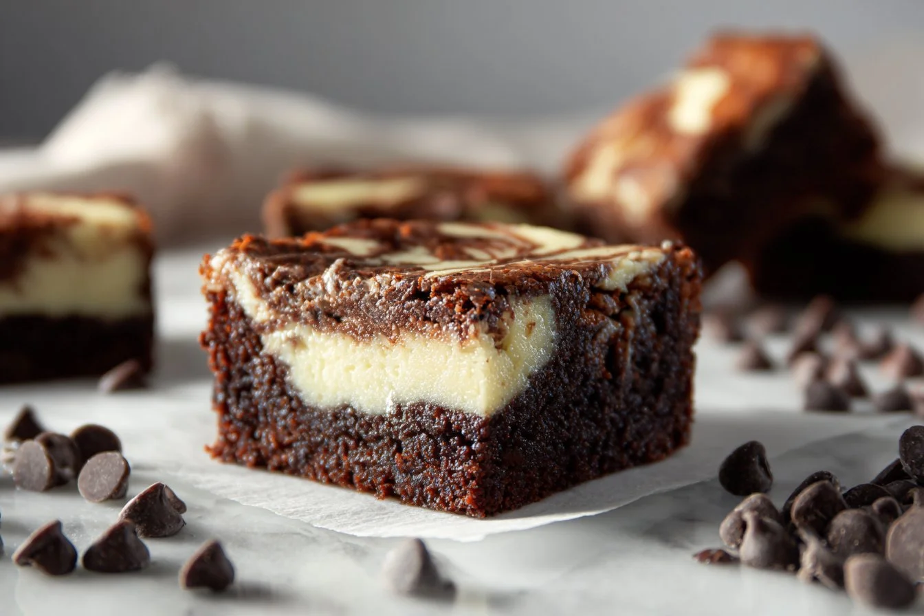 Cream cheese swirl brownies topped with a luscious cream cheese layer.