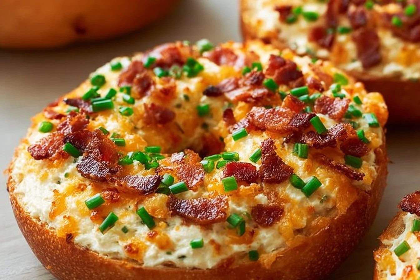 Creamy bacon cheddar bagels fresh out of the oven, golden and delicious.