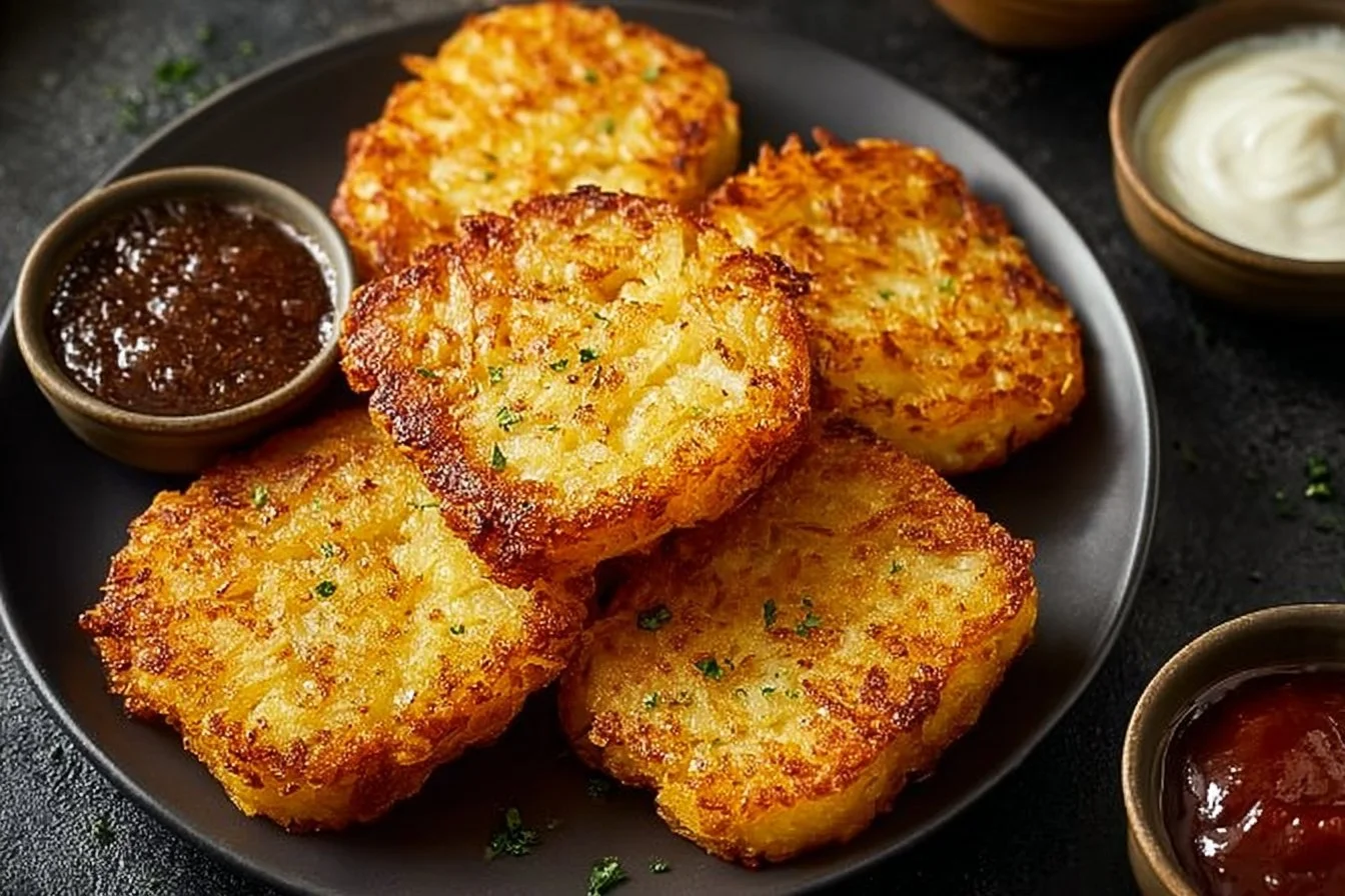 Golden crispy hash browns served on a plate with a side of ketchup