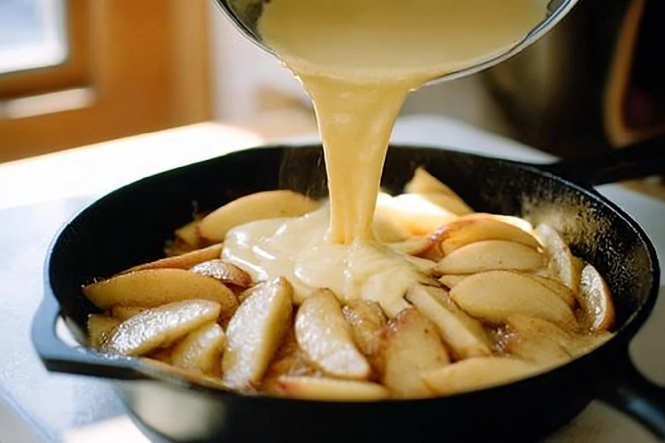 Delicious Dutch Baby pancake topped with caramelized cardamom pears.