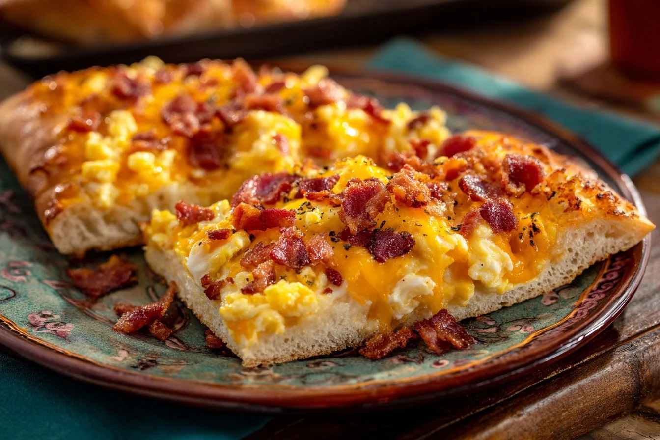 Homemade easy breakfast pizza topped with eggs, cheese, and vegetables.