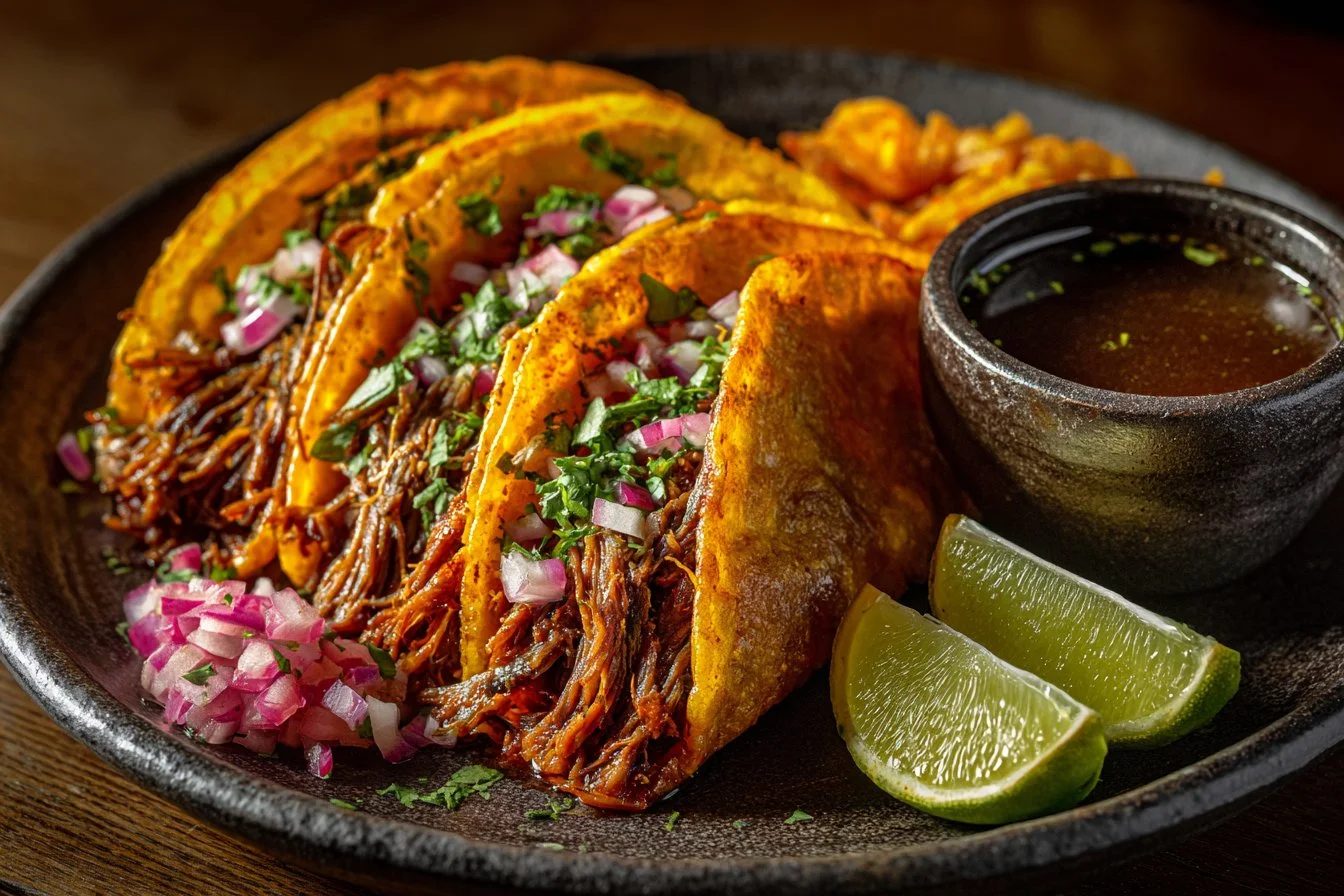 Delicious Crock Pot birria tacos served with traditional toppings