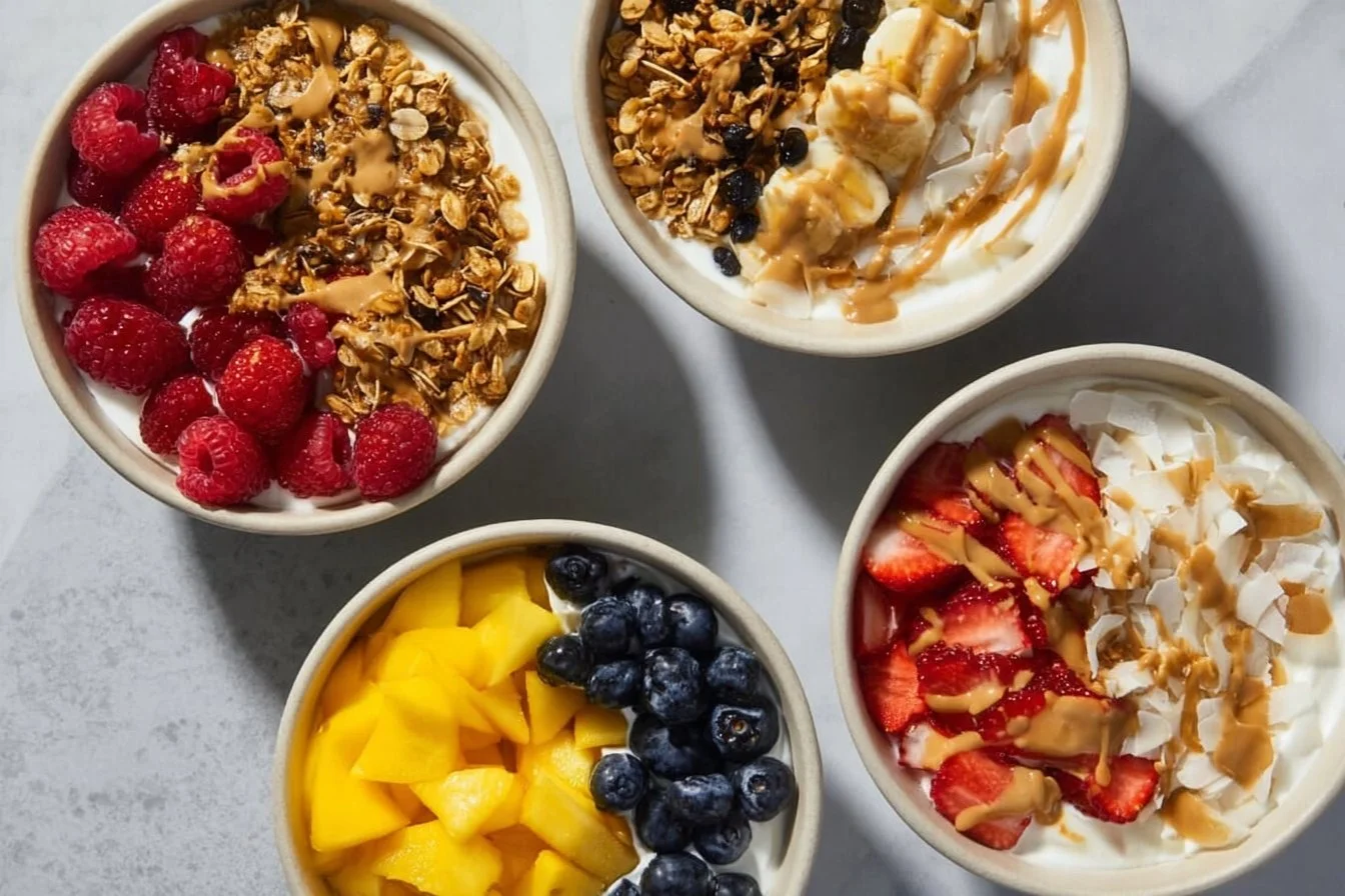Delicious yogurt granola bowls with fresh fruits and nuts for a healthy breakfast.