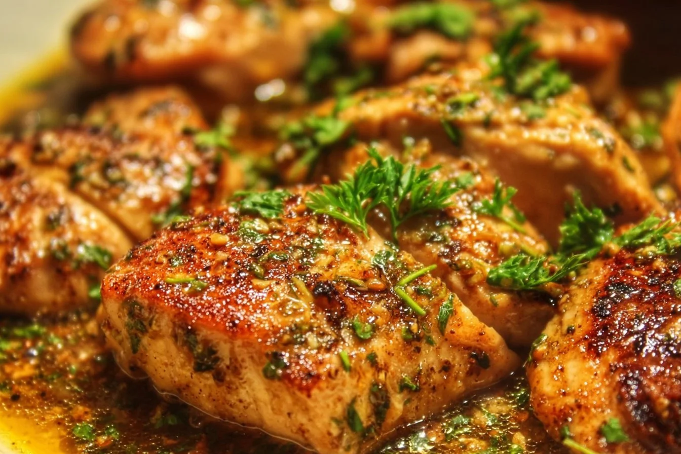 Delicious Garlic Butter Chicken served with herbs and vegetables