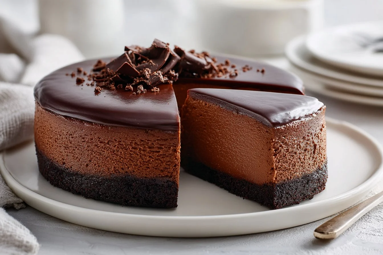 Delicious gluten-free chocolate cheesecake topped with chocolate shavings.