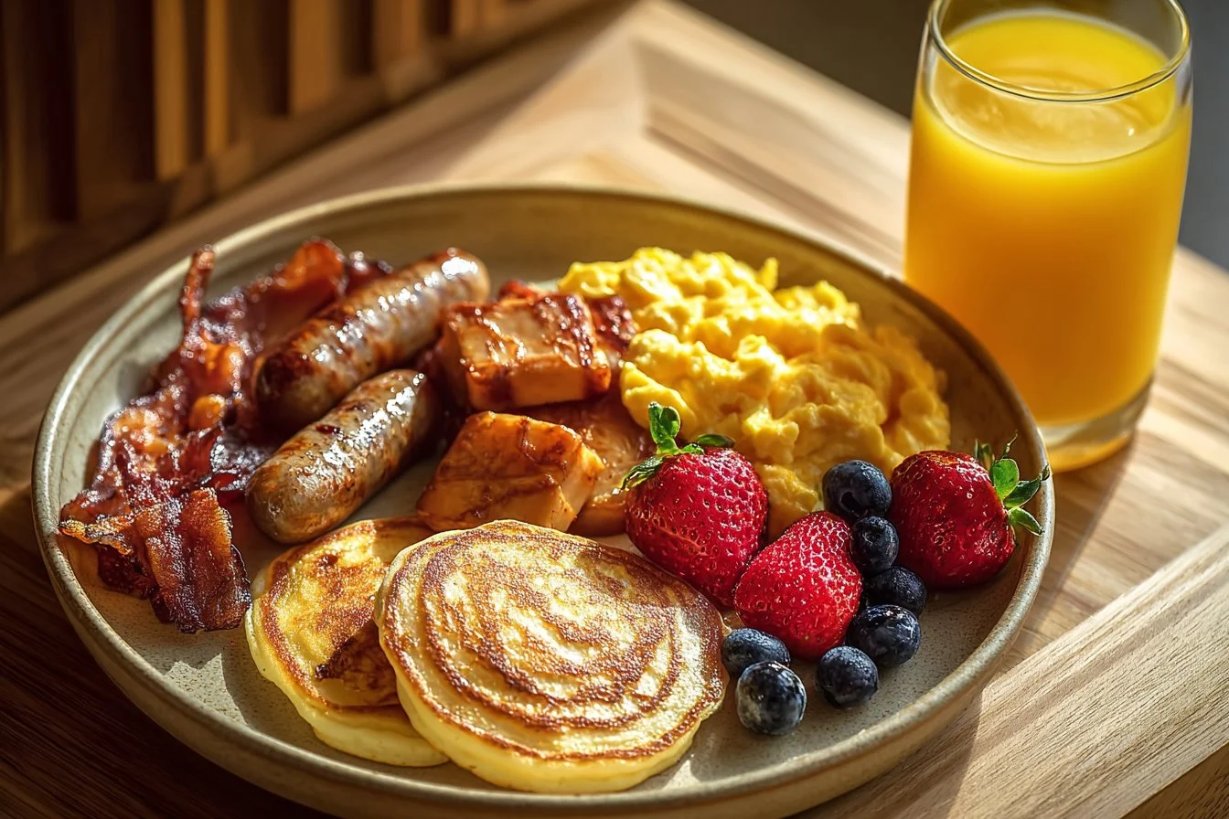 A beautifully arranged go-to brunch menu featuring various dishes and drinks.