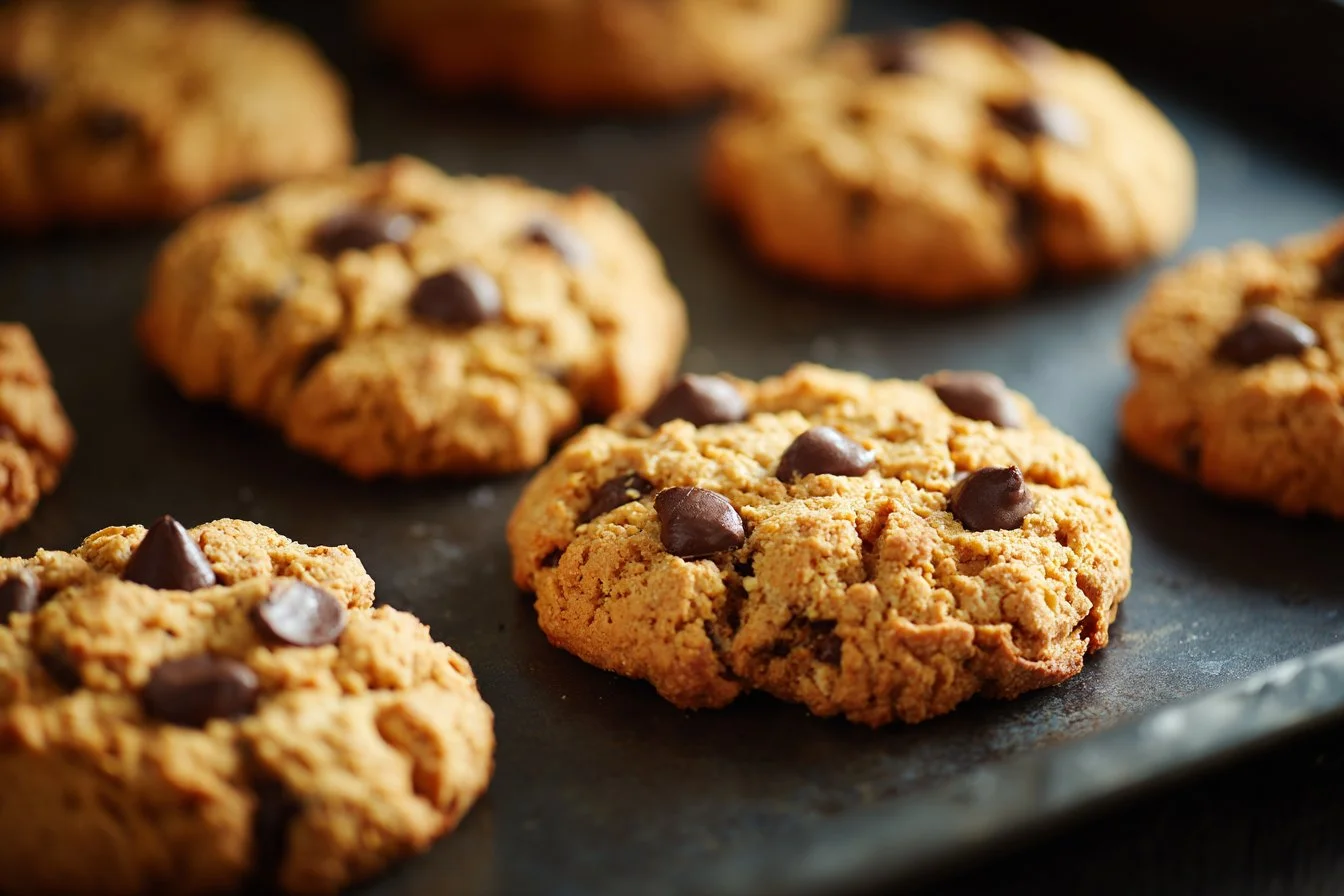 Healthy peanut butter oatmeal chocolate chip cookies on a plate.