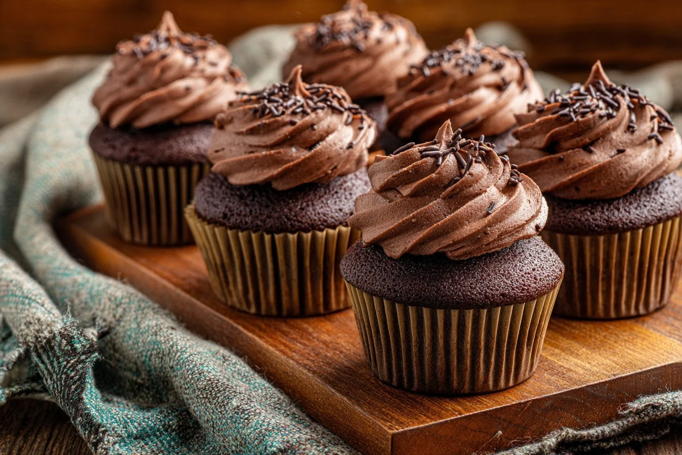 Delicious homemade moist chocolate cupcakes topped with creamy frosting