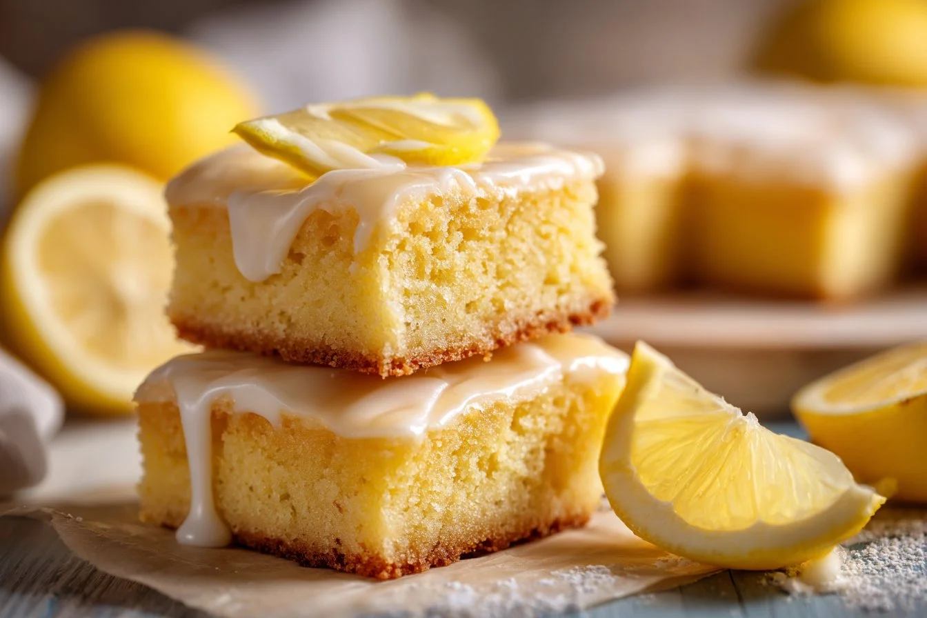 Delicious and tangy lemon brownies served on a plate.