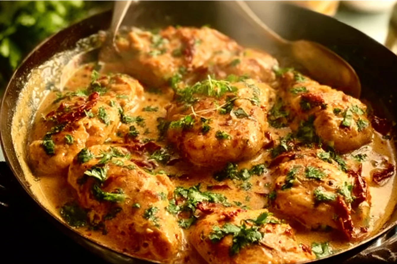 Creamy Marry Me Chicken recipe served with herbs and pasta.