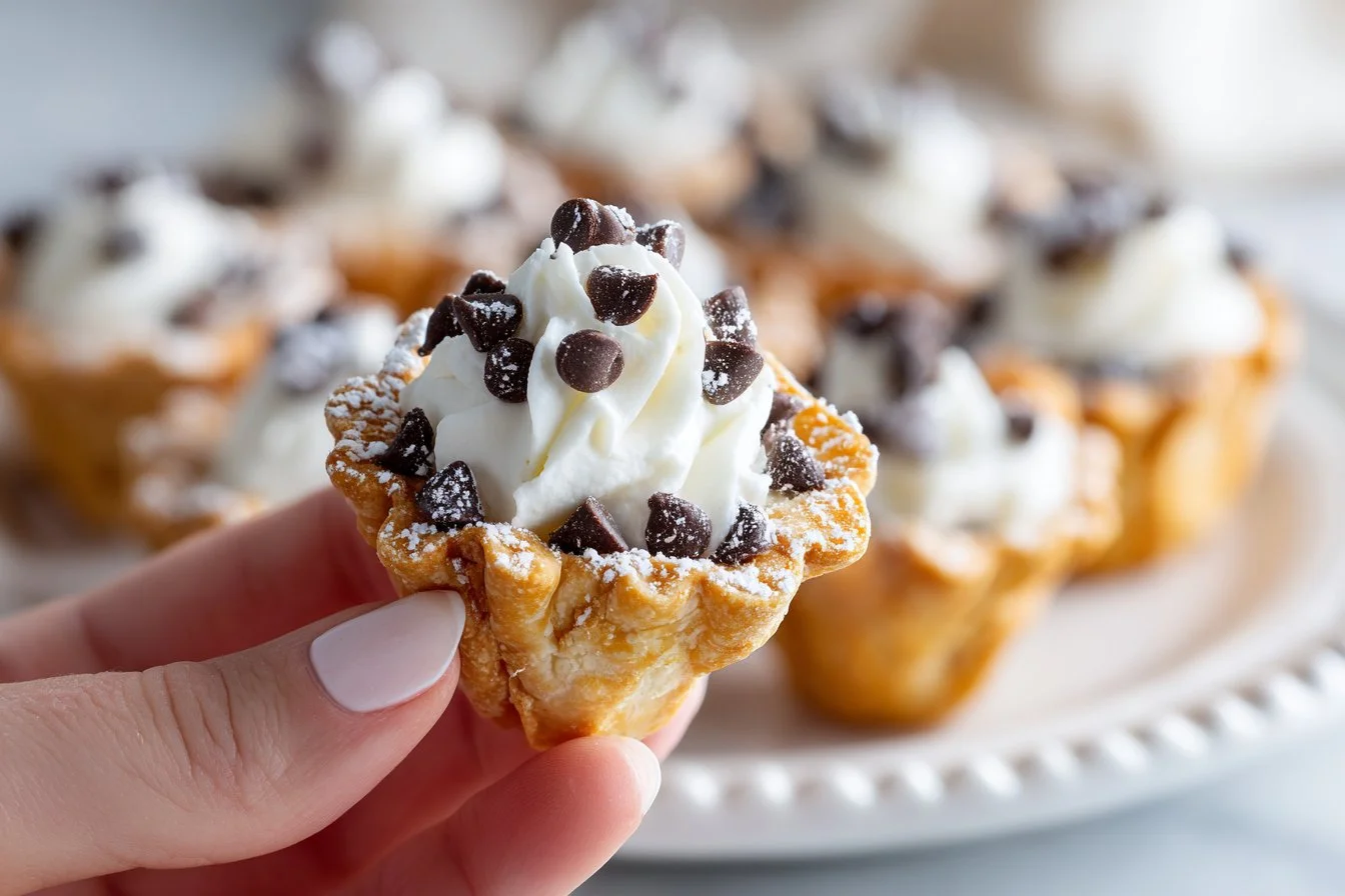 Delicious mini cannoli cups filled with sweet ricotta cream and topped with chocolate.