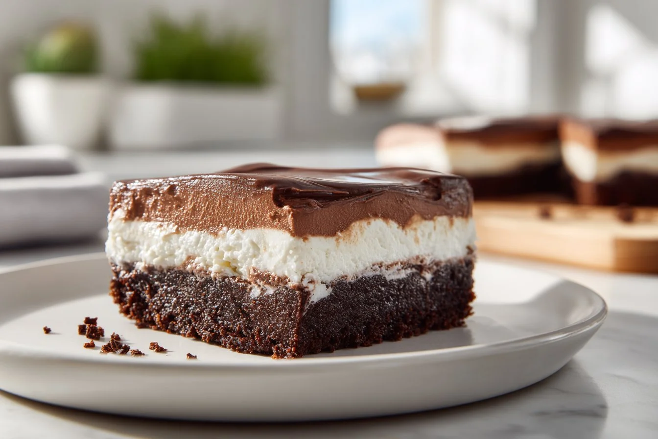 Delicious slice of Mississippi Mud Pie with chocolate and marshmallow layers