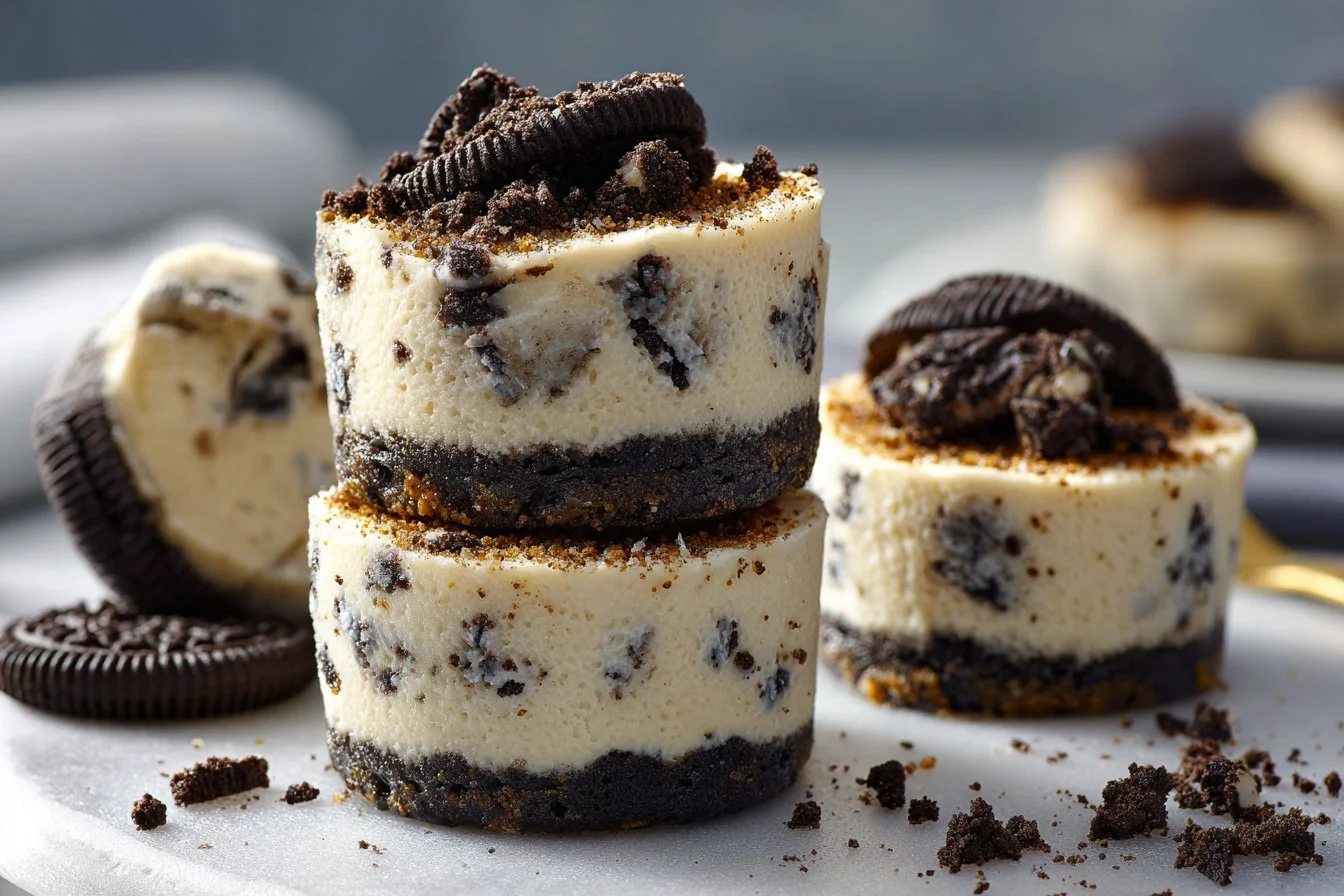 Oreo cheesecake bites arranged on a platter, topped with cookie crumbs.