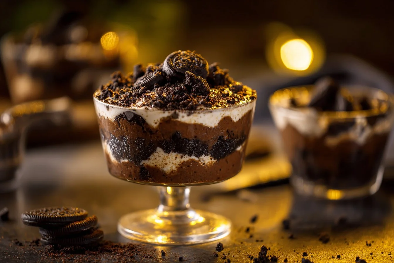 Delicious homemade Oreo Dirt Cake served in a glass dessert dish.