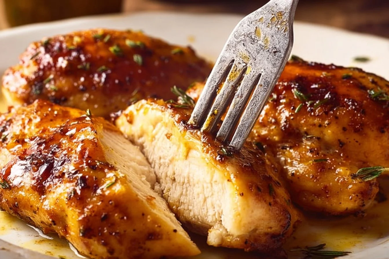 Delicious oven baked chicken breast served with herbs and vegetables