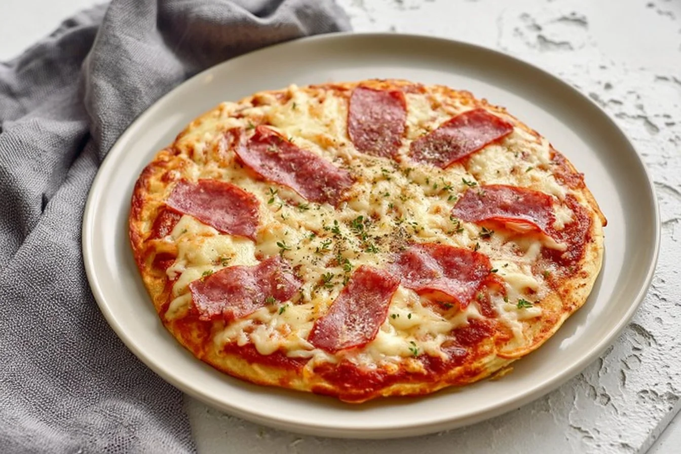 A delicious plate of pizza eggs topped with cheese and herbs