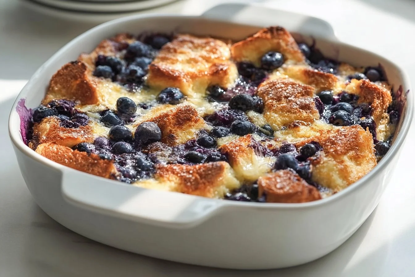 Delicious Blueberry French Toast Casserole served with fresh blueberries