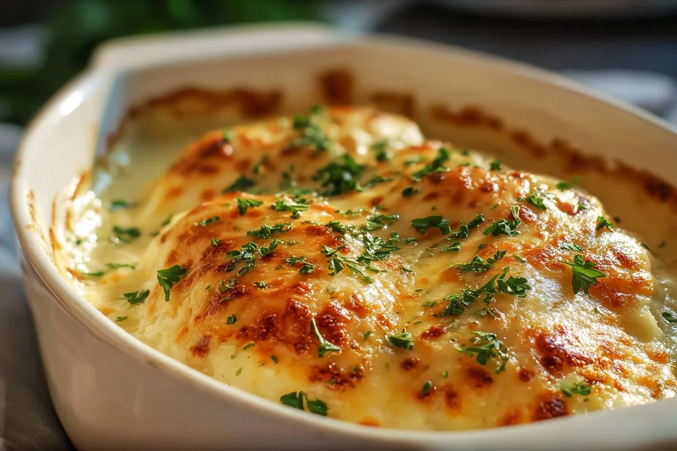 Delicious smothered cheesy sour cream chicken garnished with herbs