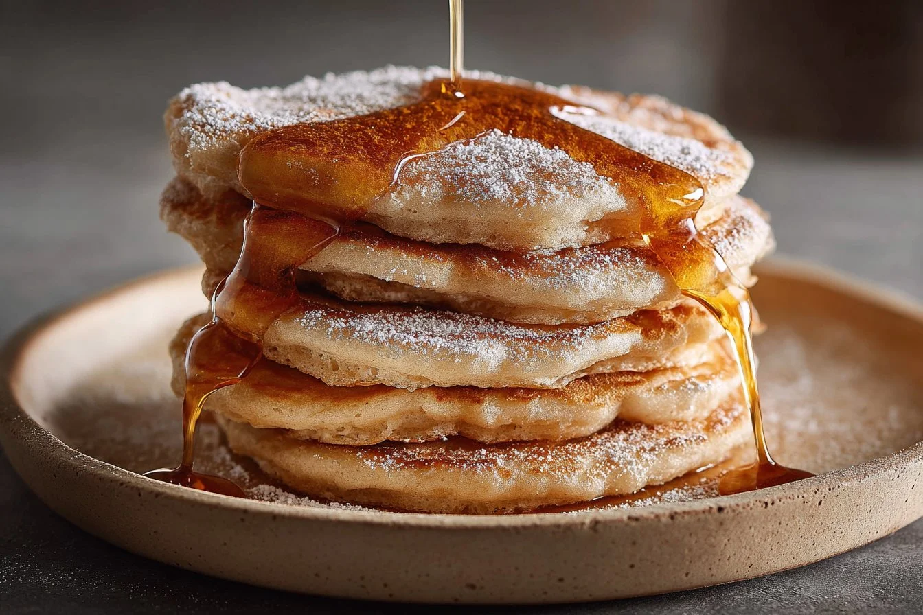 Delicious churro pancakes served with cinnamon and chocolate sauce.