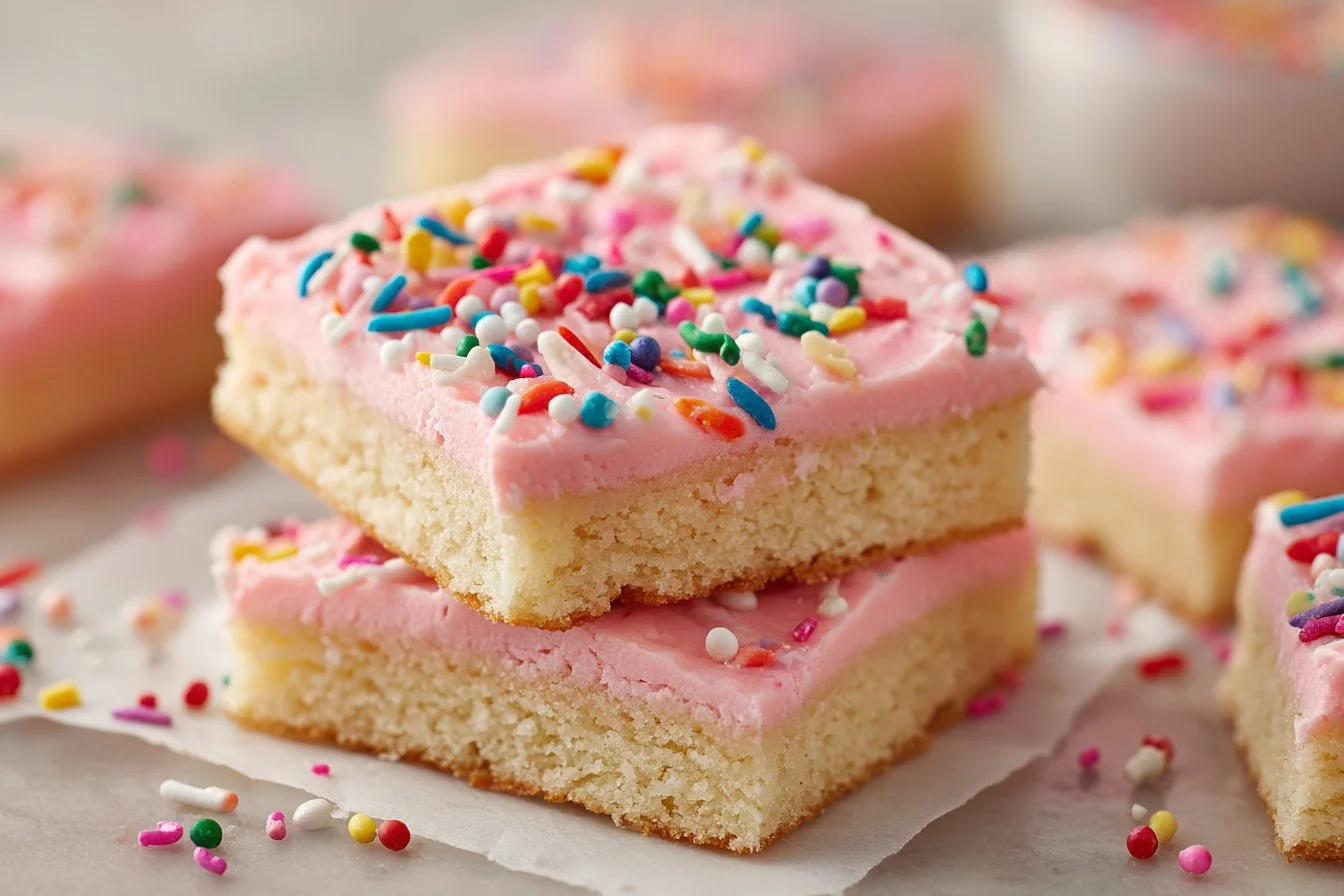 Delicious sugar cookie bars topped with colorful sprinkles on a wooden background.