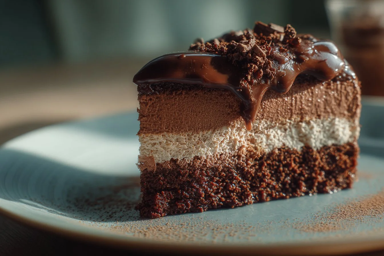 Decadent triple chocolate mousse cake with rich layers of chocolate