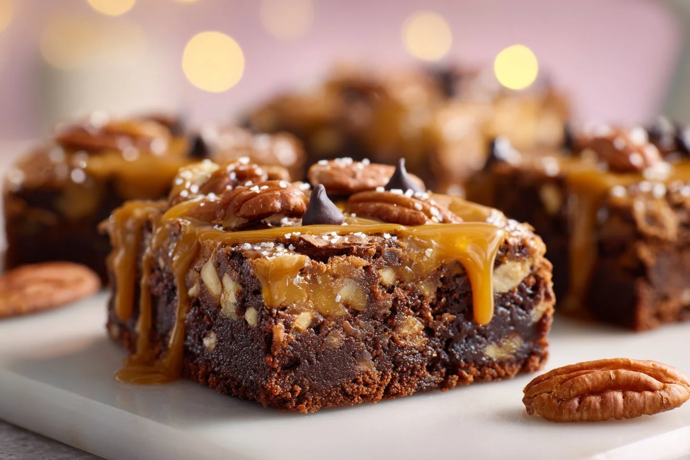 Delicious turtle brownies topped with caramel and pecans, perfect for dessert.