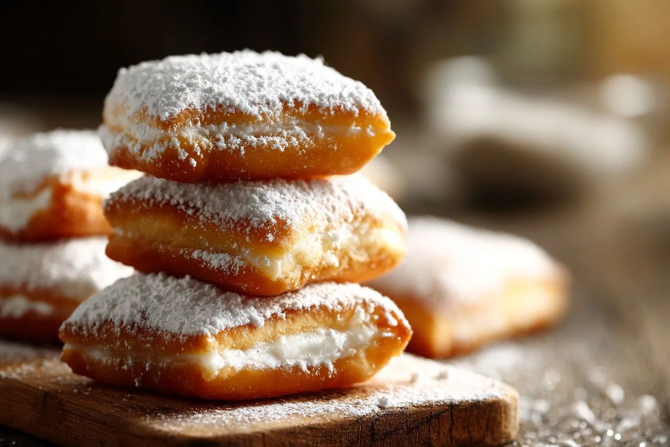 Delicious Vanilla French Beignets dusted with powdered sugar on a plate.