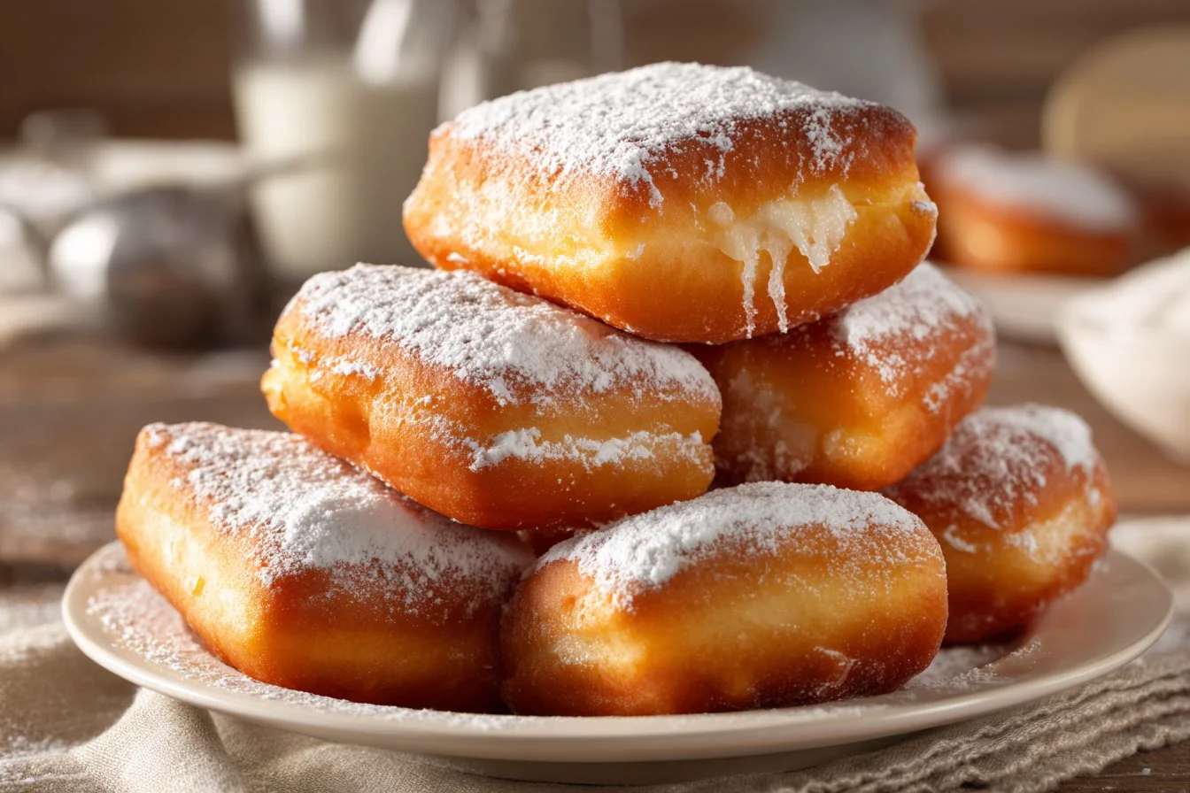 Delicious Vanilla French Beignets dusted with powdered sugar and served fresh
