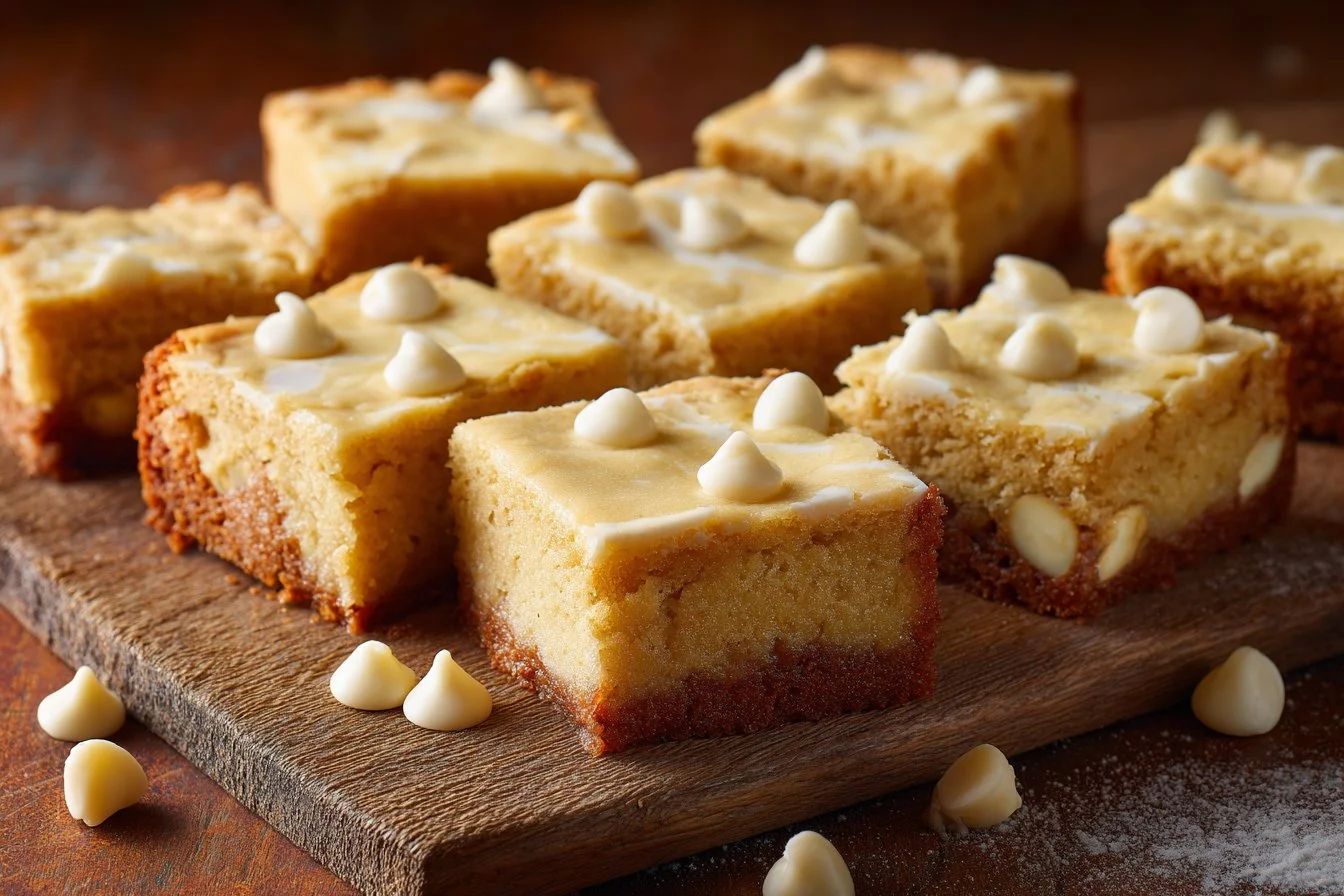 Delicious white chocolate brownies on a plate